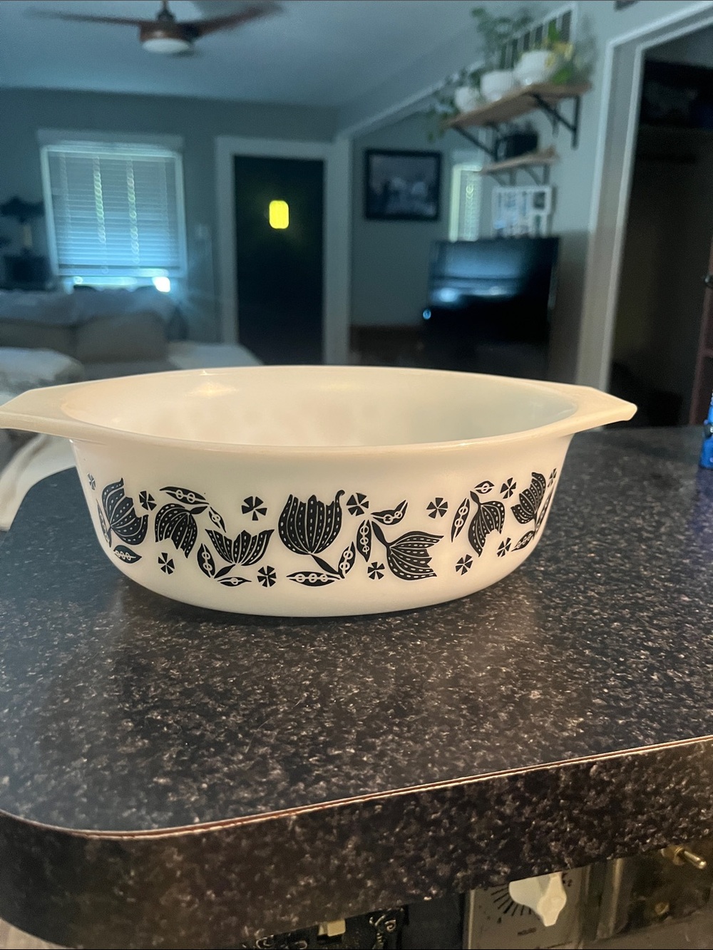 Pyrex White Casserole Dish with Black Floral Pattern